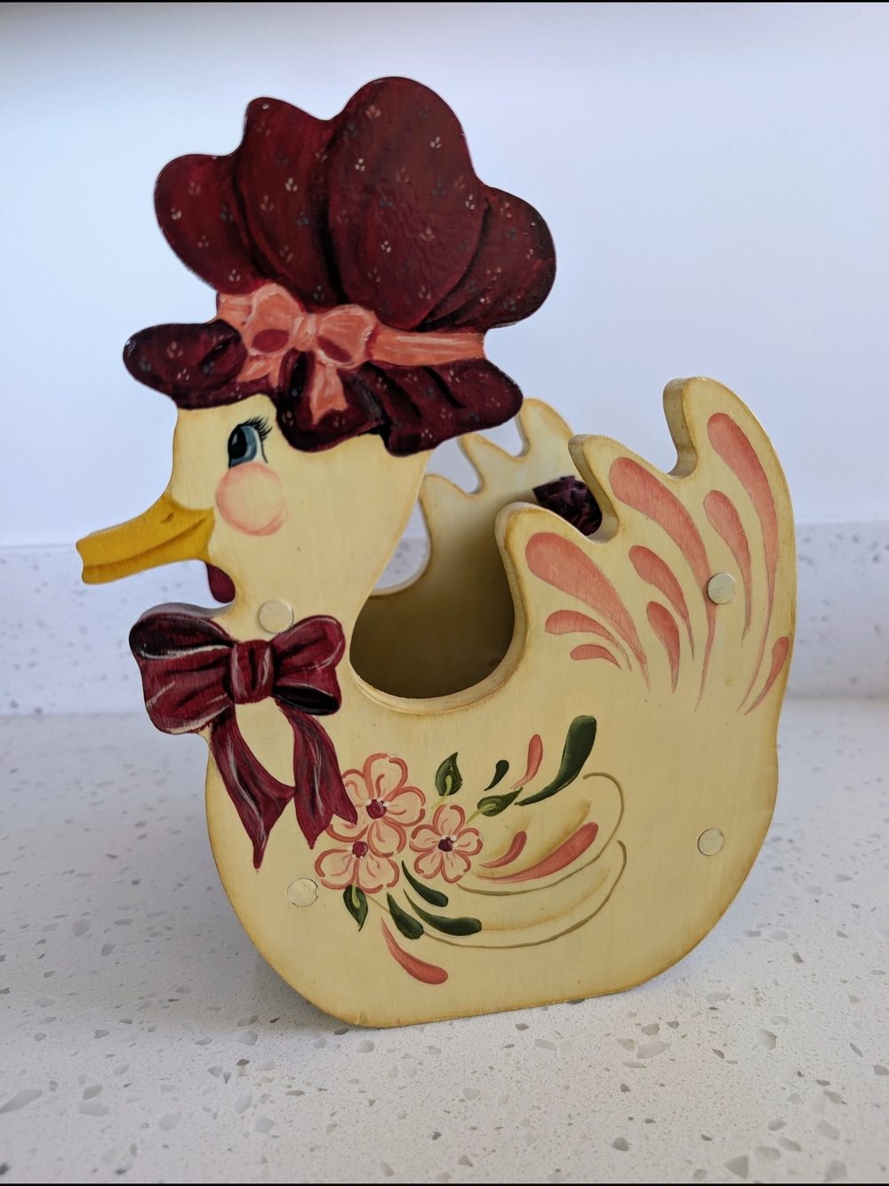 Vintage Hand-Painted Cream Duck Decorative Basket with Maroon Accents